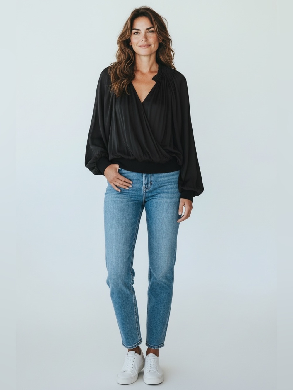 Current Air Black Wrap Front Long-Sleeve Blouse